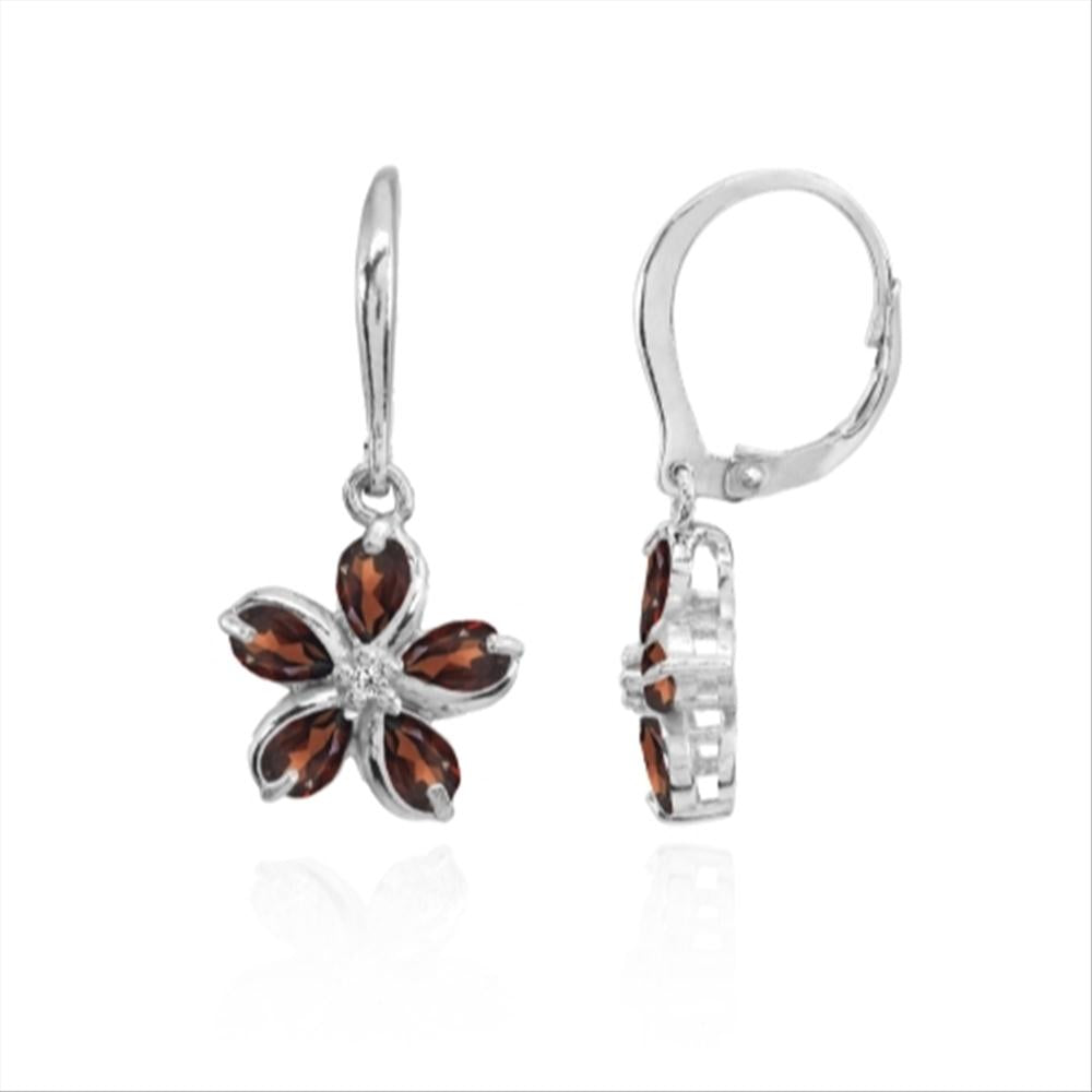 Sterling Silver Garnet Polished Flower Dangle Leverback Earrings-2