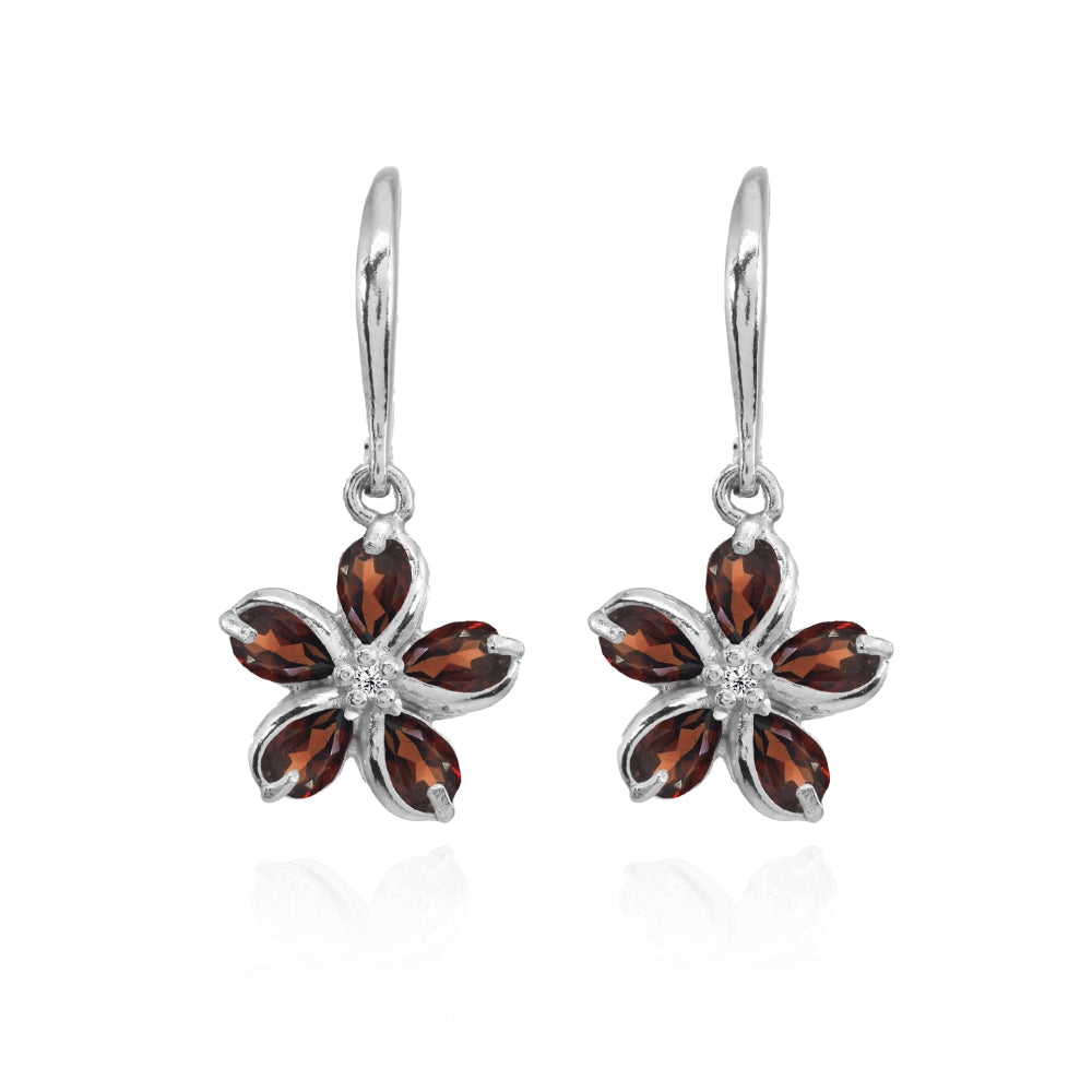 Sterling Silver Garnet Polished Flower Dangle Leverback Earrings-3