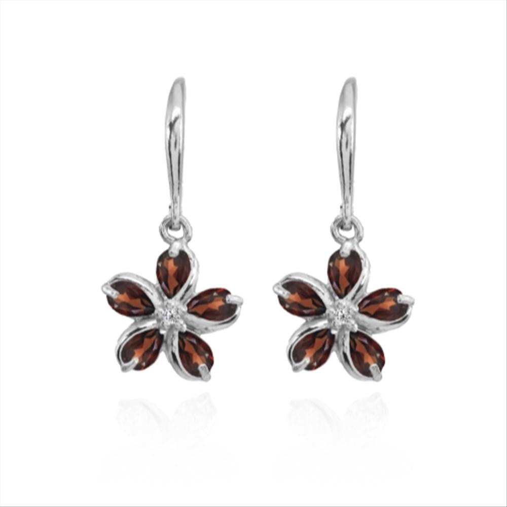 Sterling Silver Garnet Polished Flower Dangle Leverback Earrings-4