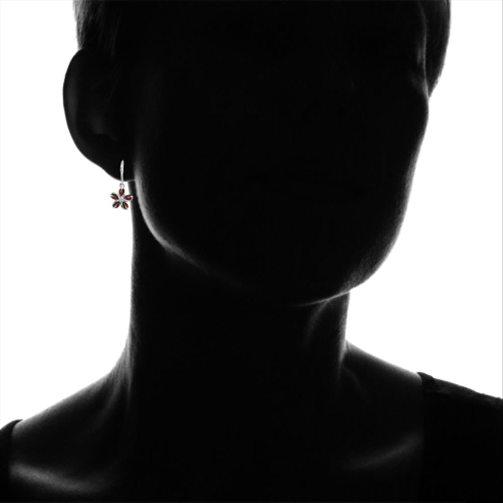 Sterling Silver Garnet Polished Flower Dangle Leverback Earrings-5