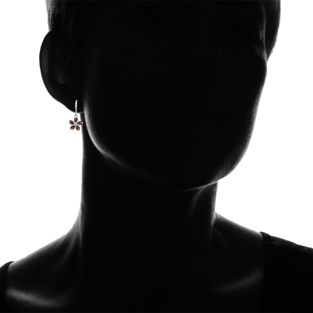 Sterling Silver Garnet Polished Flower Dangle Leverback Earrings-6
