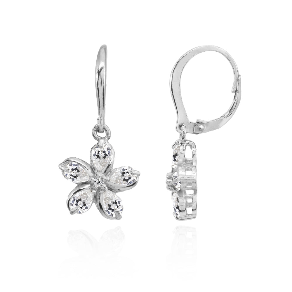 Sterling Silver Cubic Zirconia Polished Flower Dangle Leverback Earrings