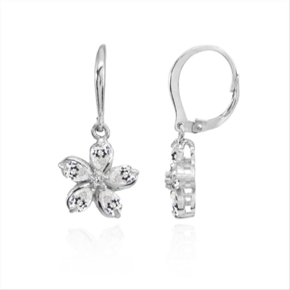 Sterling Silver Cubic Zirconia Polished Flower Dangle Leverback Earrings-2