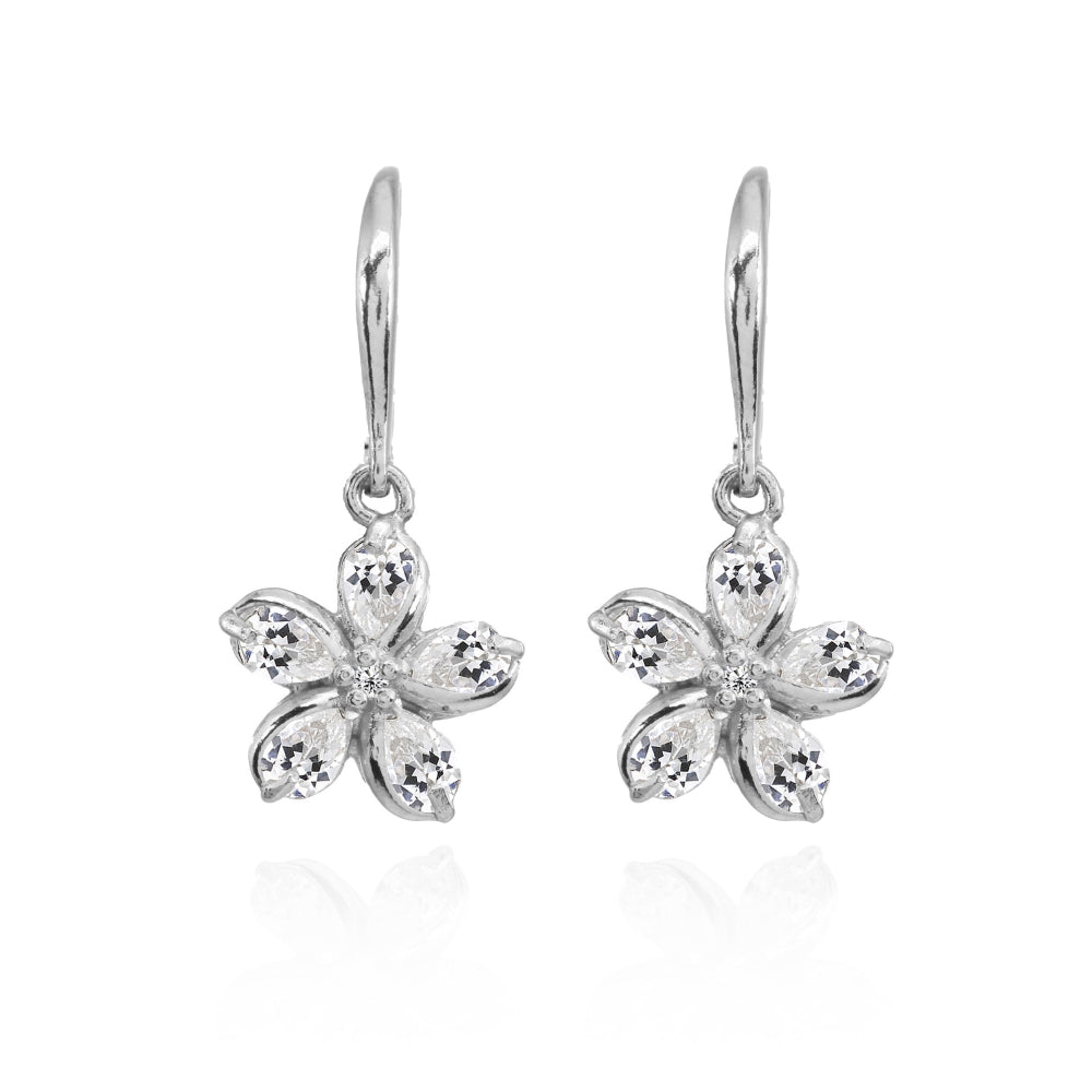 Sterling Silver Cubic Zirconia Polished Flower Dangle Leverback Earrings-3