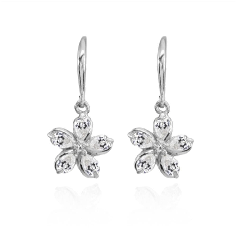 Sterling Silver Cubic Zirconia Polished Flower Dangle Leverback Earrings-4