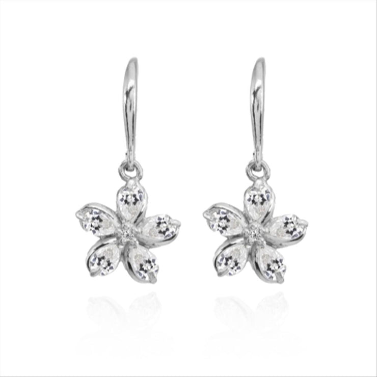 Sterling Silver Cubic Zirconia Polished Flower Dangle Leverback Earrings