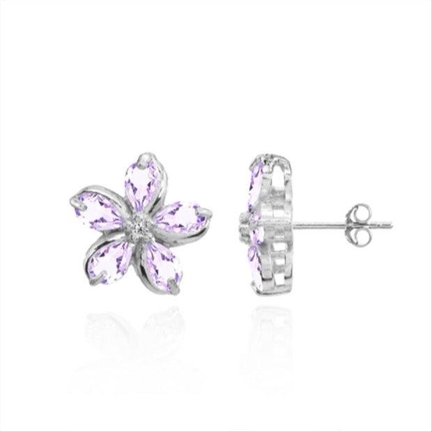 Sterling Silver Amethyst Polished Flower Stud Earrings