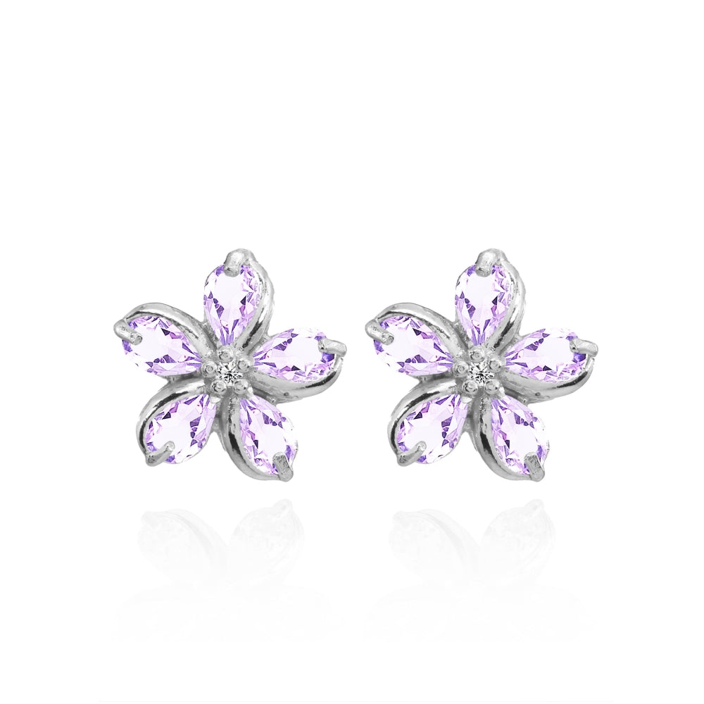 Sterling Silver Amethyst Polished Flower Stud Earrings-3