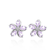 Sterling Silver Amethyst Polished Flower Stud Earrings