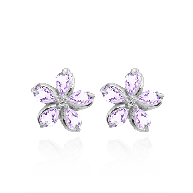 Sterling Silver Amethyst Polished Flower Stud Earrings