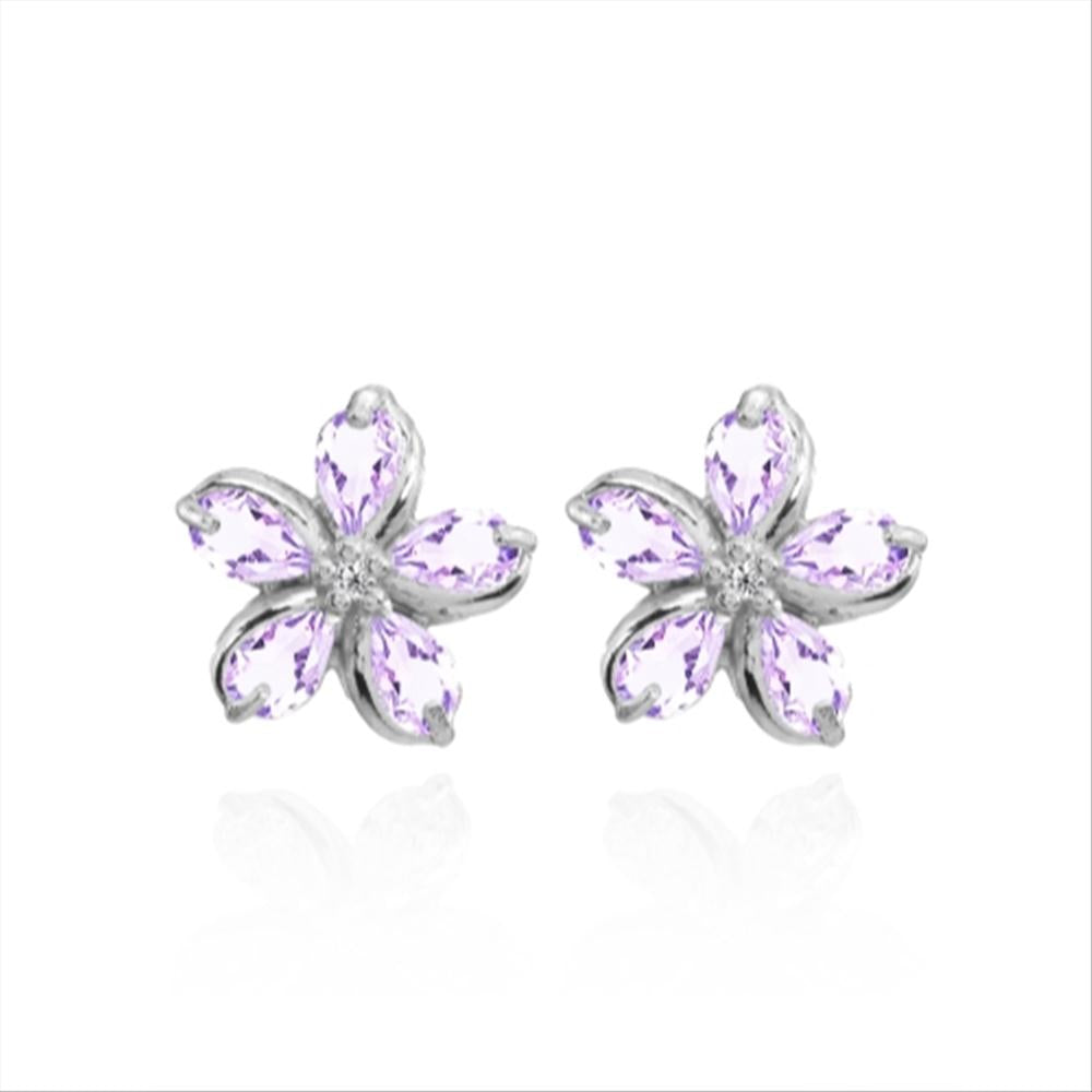 Sterling Silver Amethyst Polished Flower Stud Earrings-4
