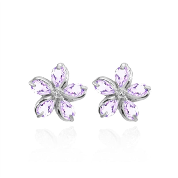 Sterling Silver Amethyst Polished Flower Stud Earrings