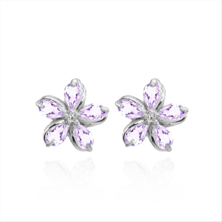 Sterling Silver Amethyst Polished Flower Stud Earrings