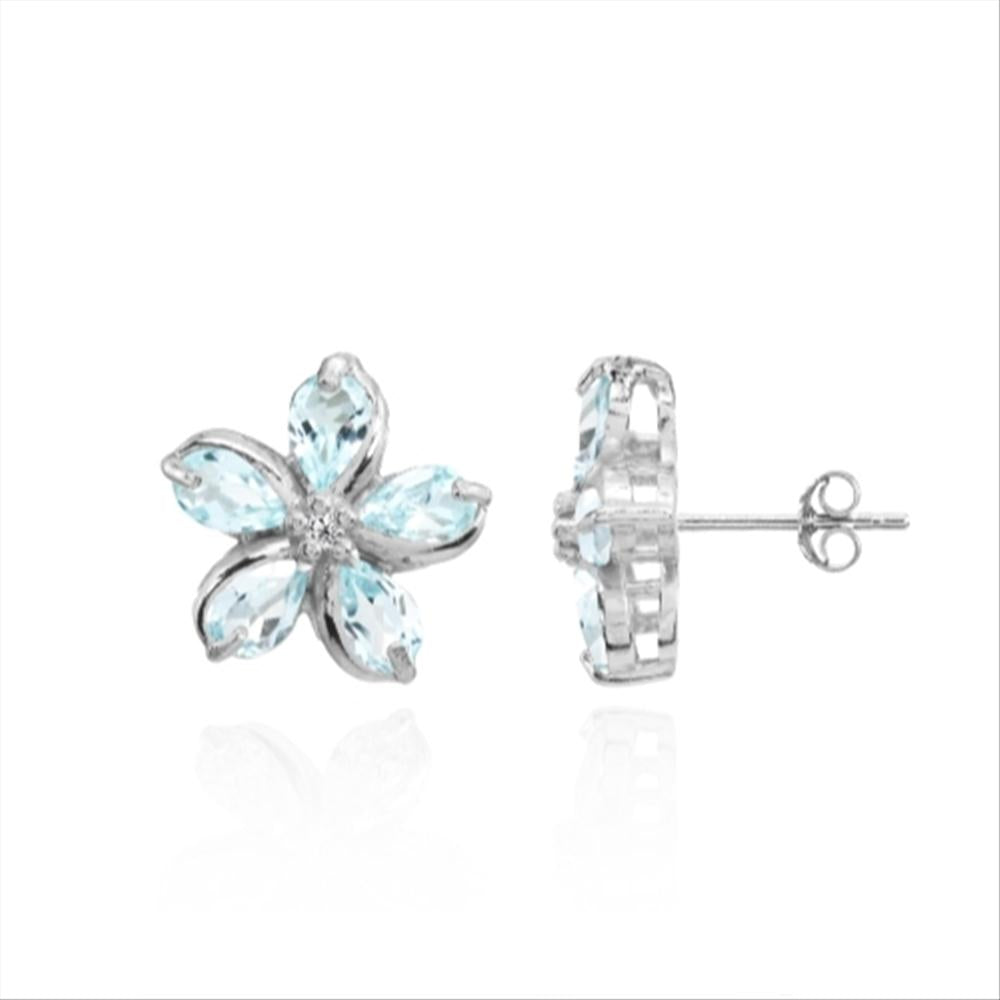 Sterling Silver Blue Topaz Polished Flower Stud Earrings-2