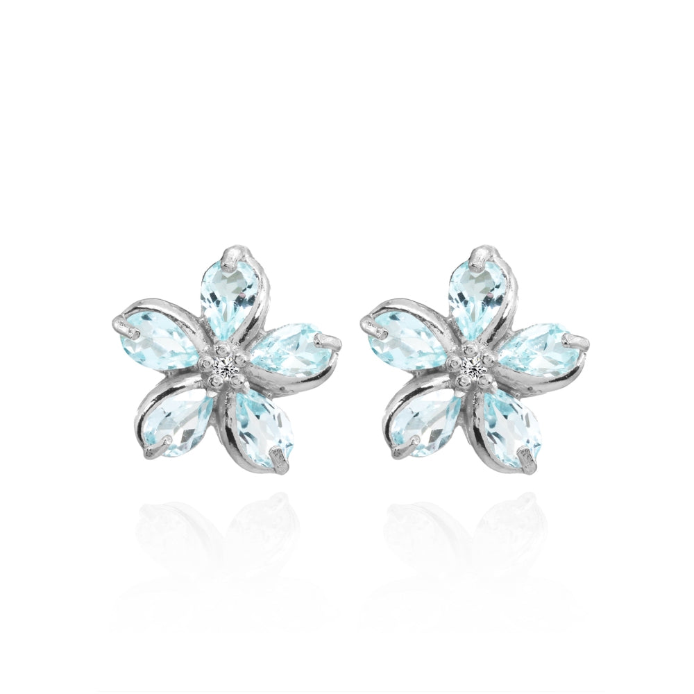 Sterling Silver Blue Topaz Polished Flower Stud Earrings-3