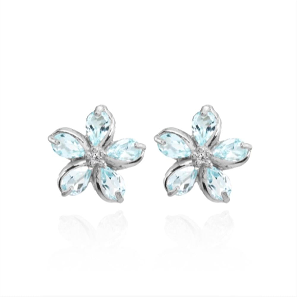 Sterling Silver Blue Topaz Polished Flower Stud Earrings-4