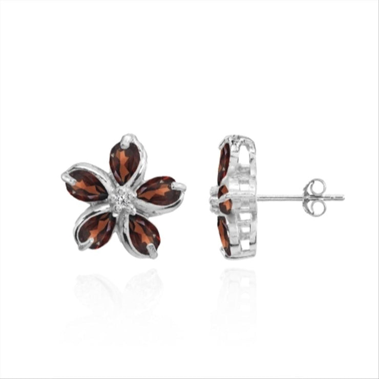 Sterling Silver Garnet Polished Flower Stud Earrings