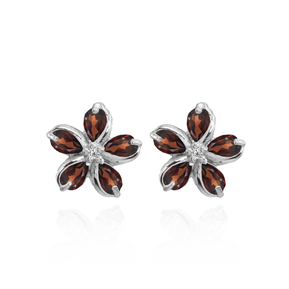 Sterling Silver Garnet Polished Flower Stud Earrings-3
