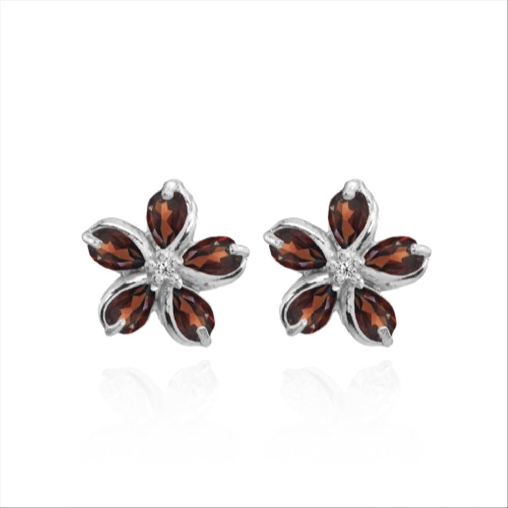 Sterling Silver Garnet Polished Flower Stud Earrings-4
