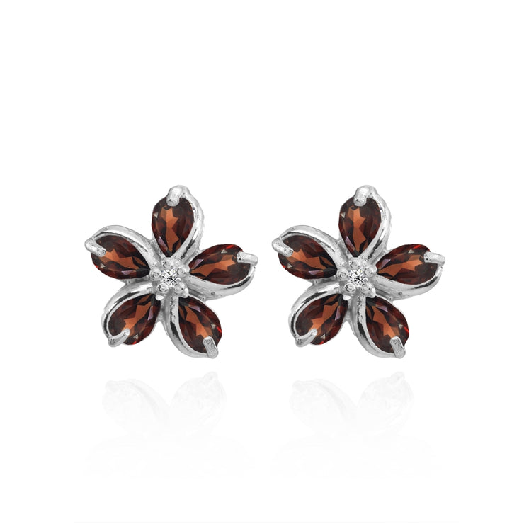 Sterling Silver Garnet Polished Flower Stud Earrings