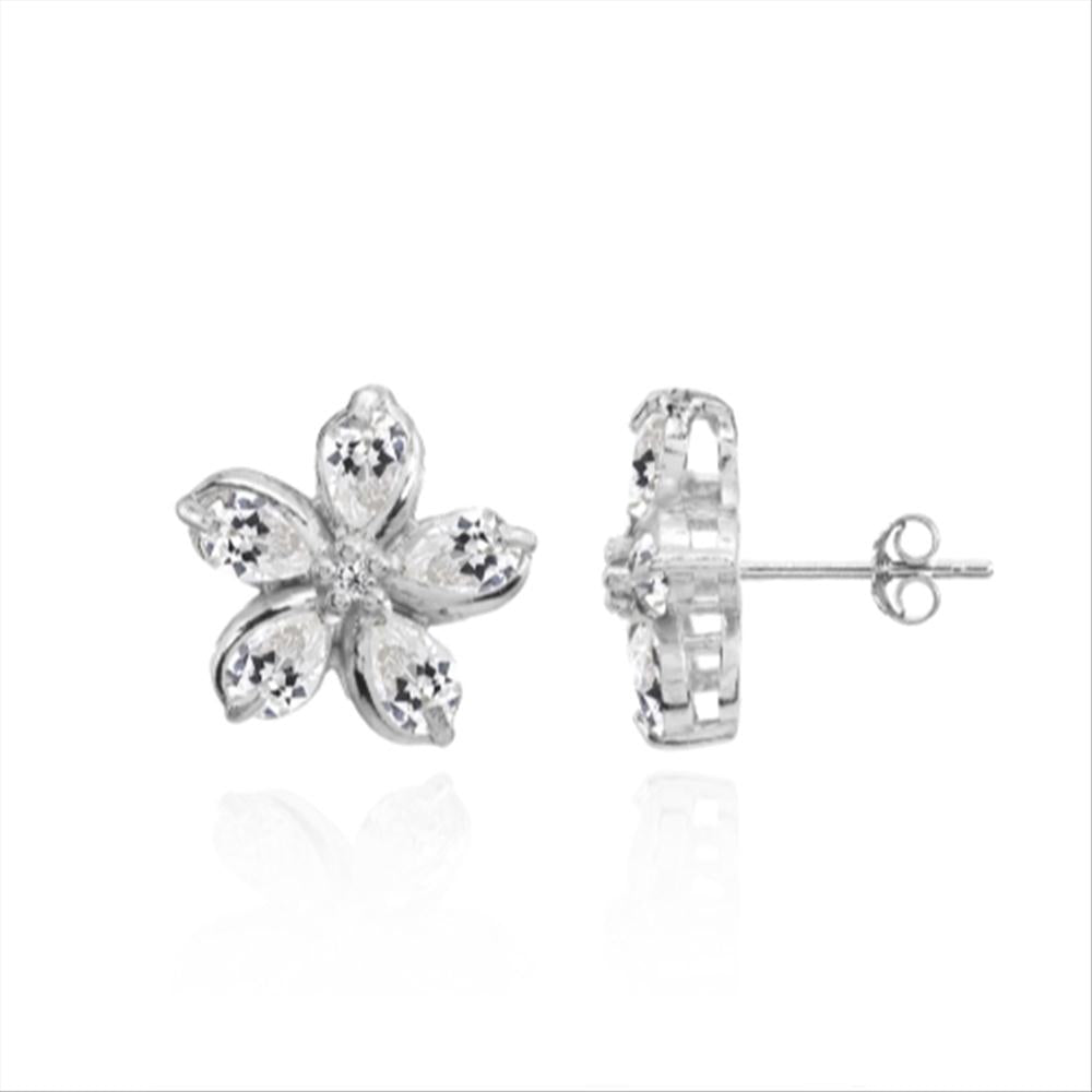 Sterling Silver Cubic Zirconia Polished Flower Stud Earrings-2