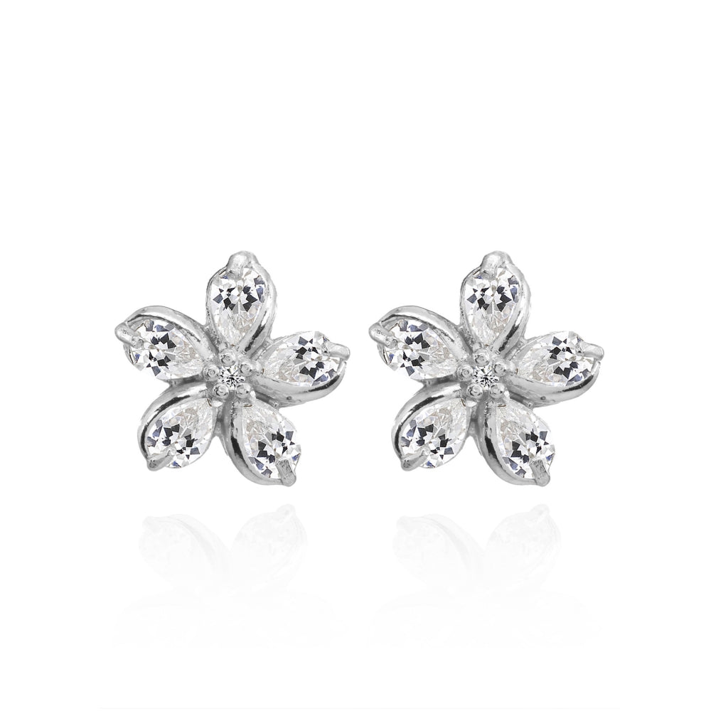 Sterling Silver Cubic Zirconia Polished Flower Stud Earrings-3