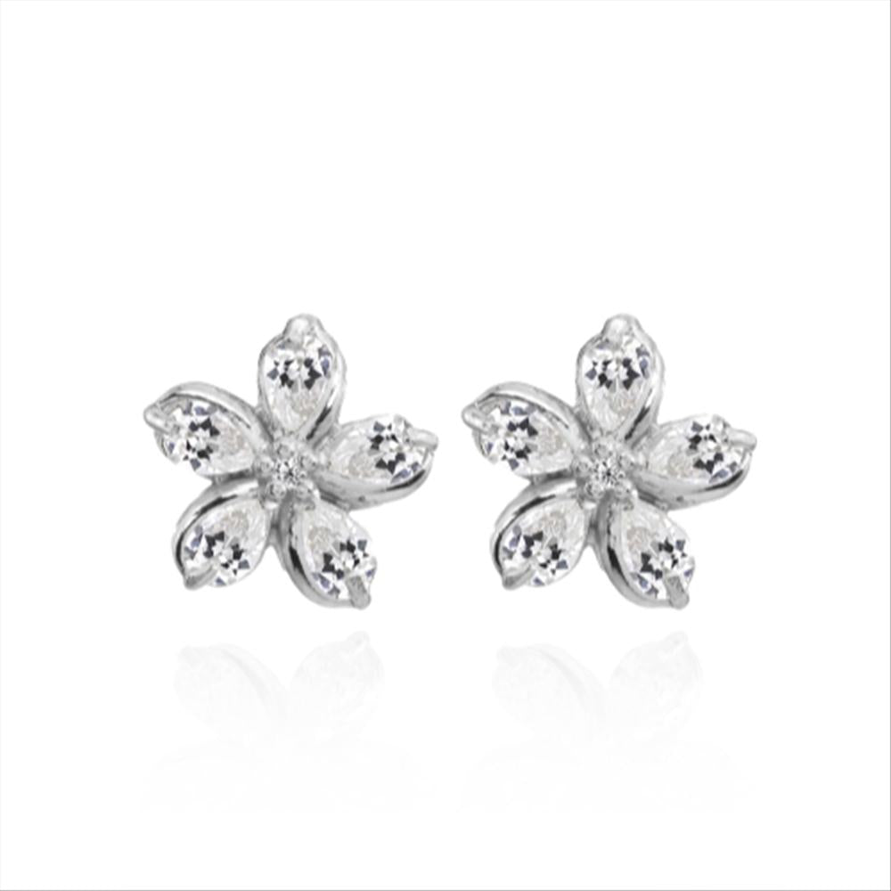 Sterling Silver Cubic Zirconia Polished Flower Stud Earrings-4
