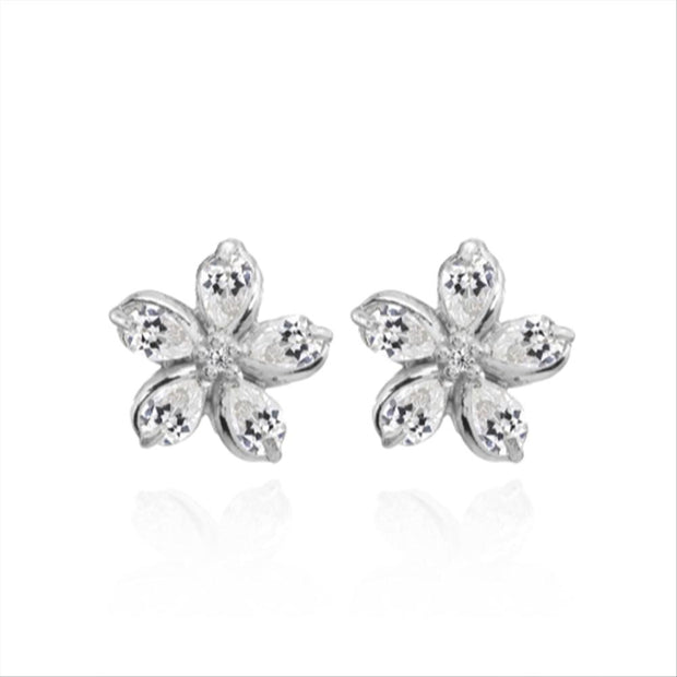 Sterling Silver Cubic Zirconia Polished Flower Stud Earrings
