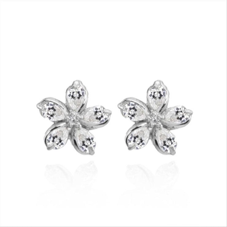 Sterling Silver Cubic Zirconia Polished Flower Stud Earrings