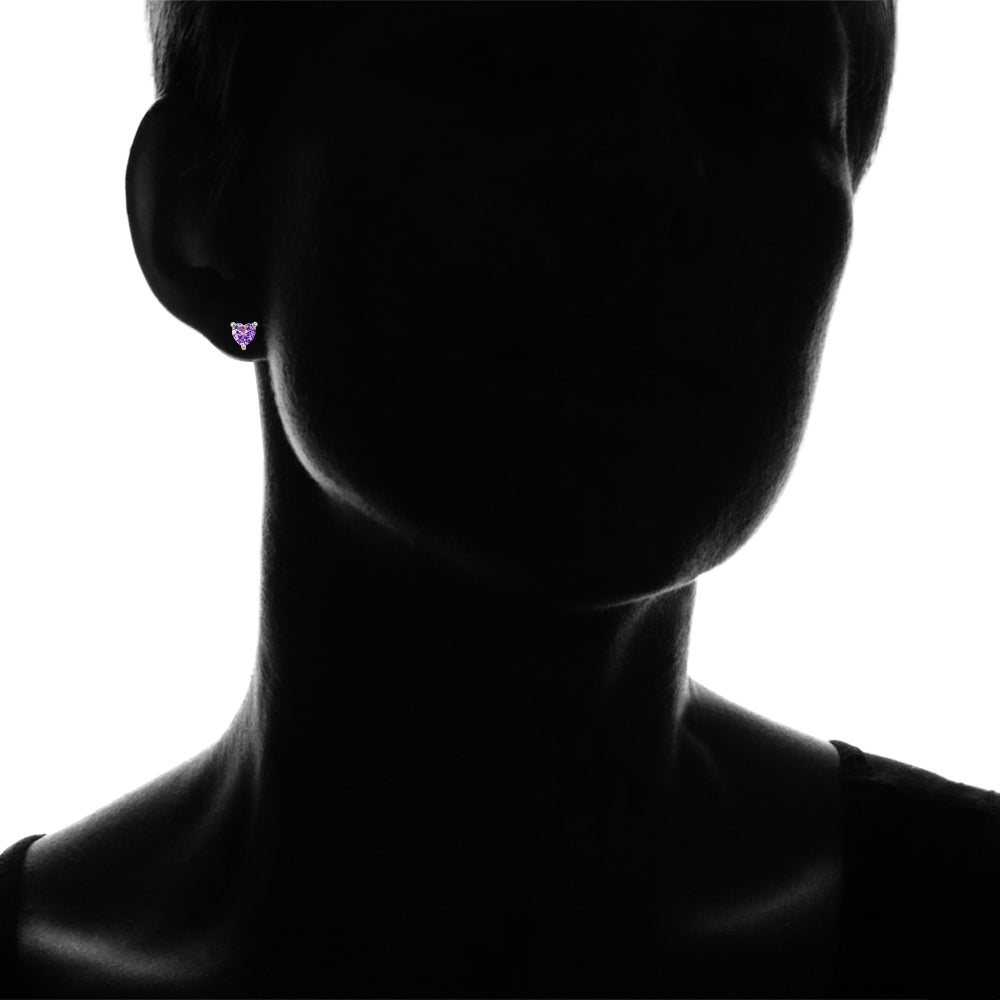 Sterling Silver Created Amethyst 6mm Heart Stud Earrings-3