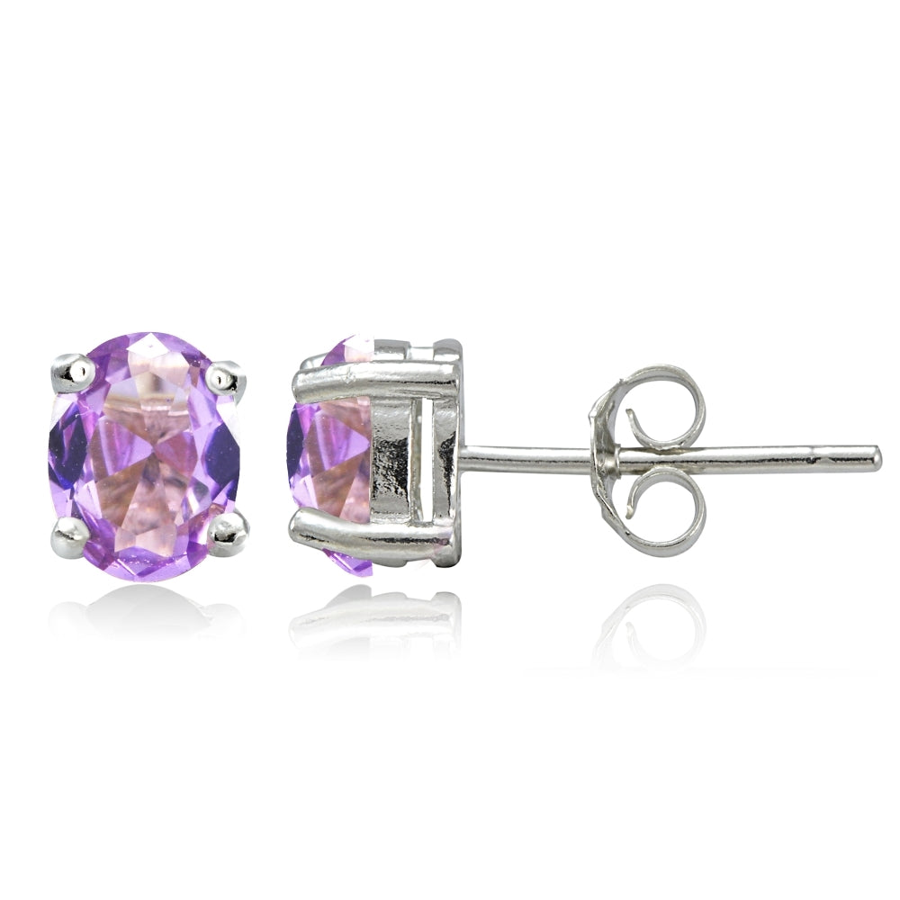 Sterling Silver Created Amethyst 7x5mm Oval Stud Earrings