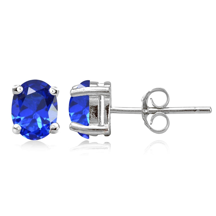 Sterling Silver Created Blue Sapphire 7x5mm Oval Stud Earrings