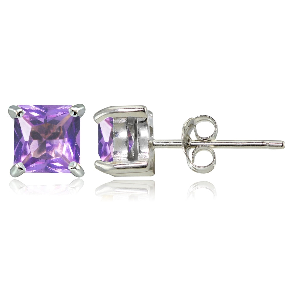 Sterling Silver Created Amethyst 5mm Princess-cut Stud Earrings