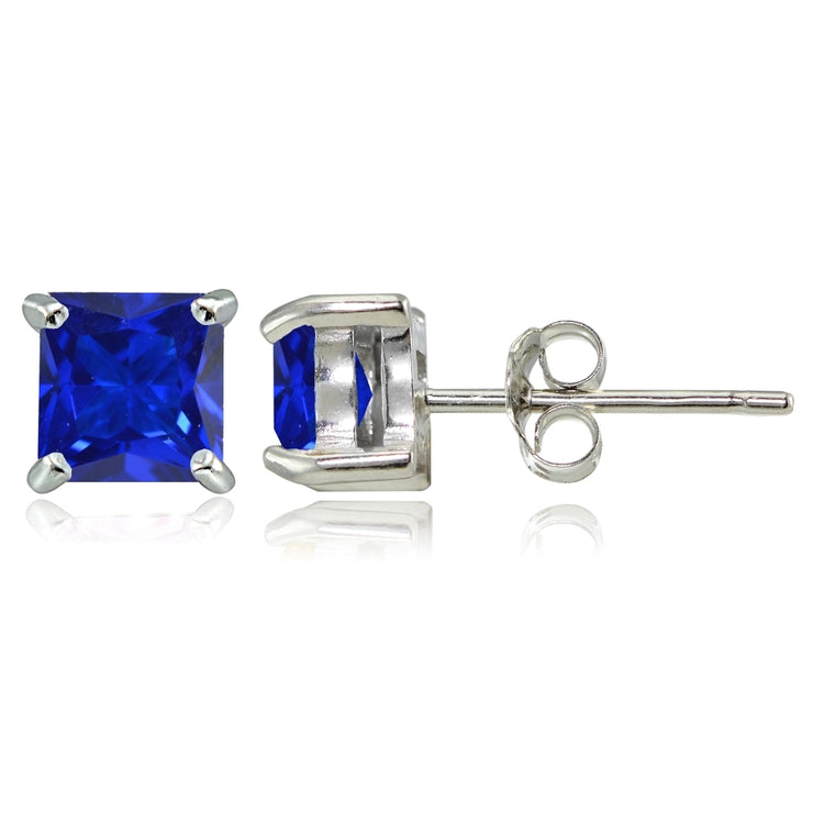Sterling Silver Created Blue Sapphire 5mm Princess-cut Stud Earrings