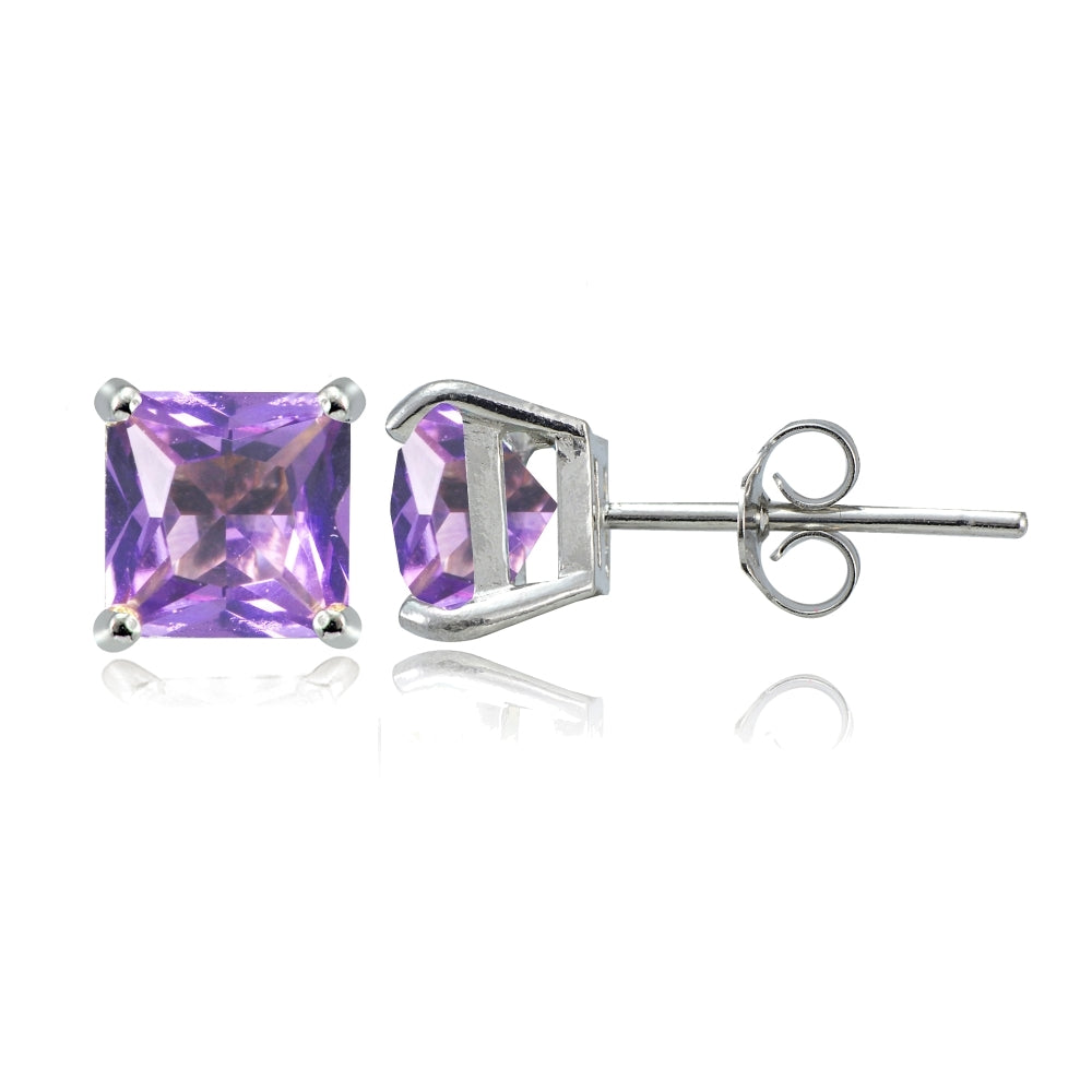 Sterling Silver Created Amethyst 6mm Princess-cut Stud Earrings