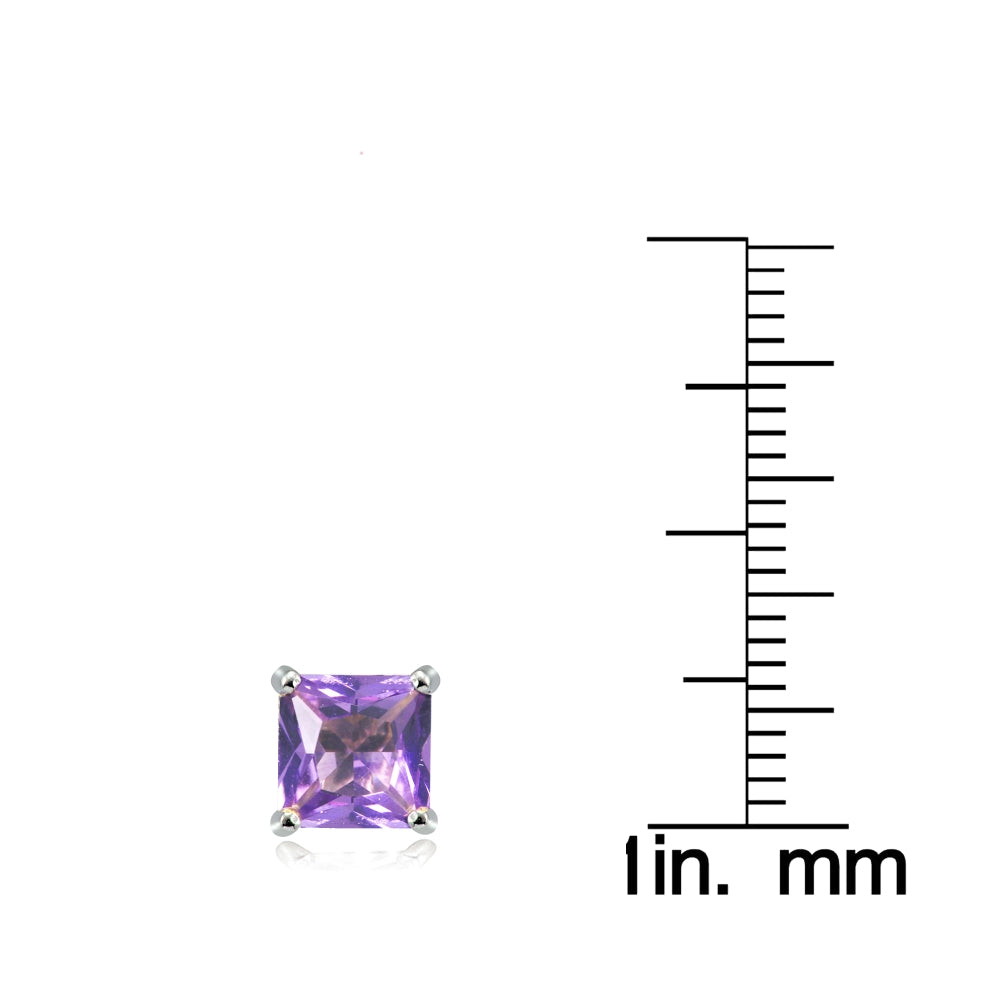 Sterling Silver Created Amethyst 6mm Princess-cut Stud Earrings-3