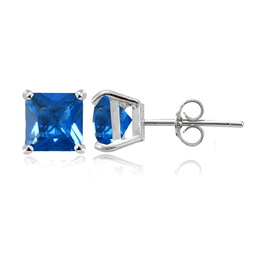 Sterling Silver Created London Blue Topaz 6mm Princess-cut Stud Earrings