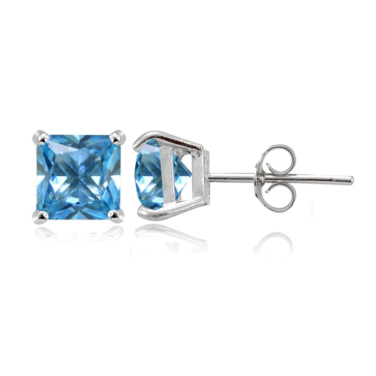 Sterling Silver Created Blue Topaz 6mm Princess-cut Stud Earrings