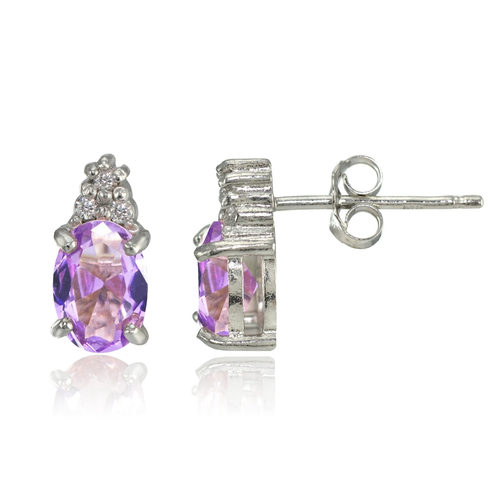 Sterling Silver Created Amethyst and CZ Accent Oval Stud Earrings