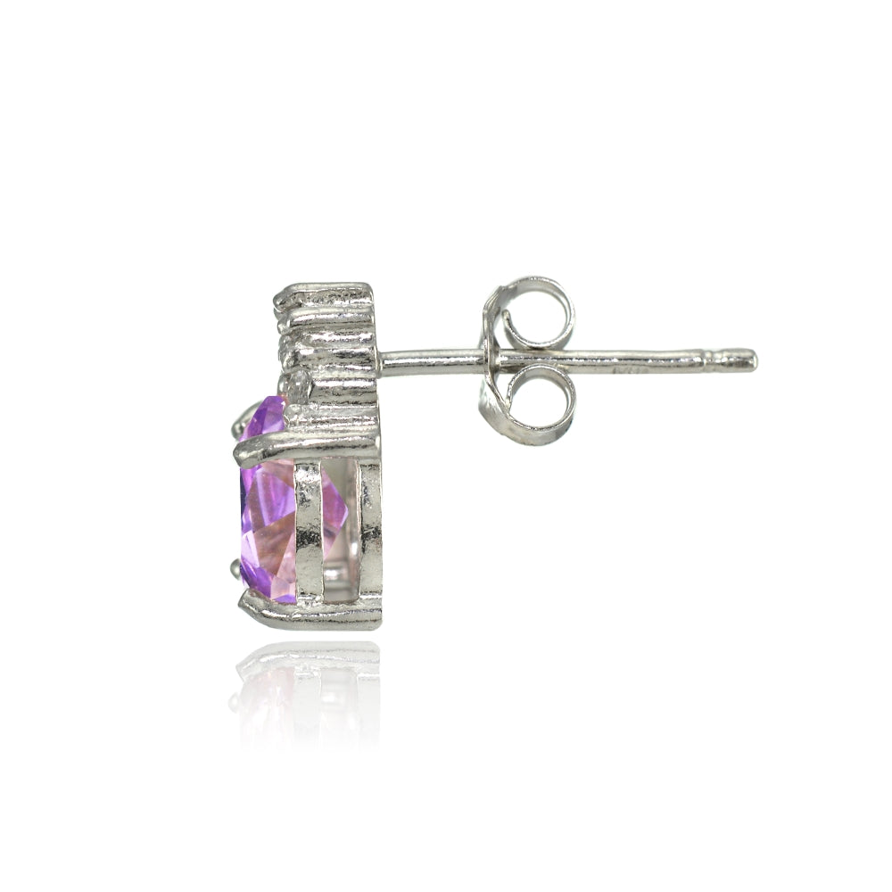 Sterling Silver Created Amethyst and CZ Accent Oval Stud Earrings-2