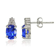 Sterling Silver Created Blue Sapphire and CZ Accent Oval Stud Earrings