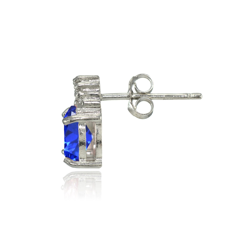 Sterling Silver Created Blue Sapphire and CZ Accent Oval Stud Earrings-2