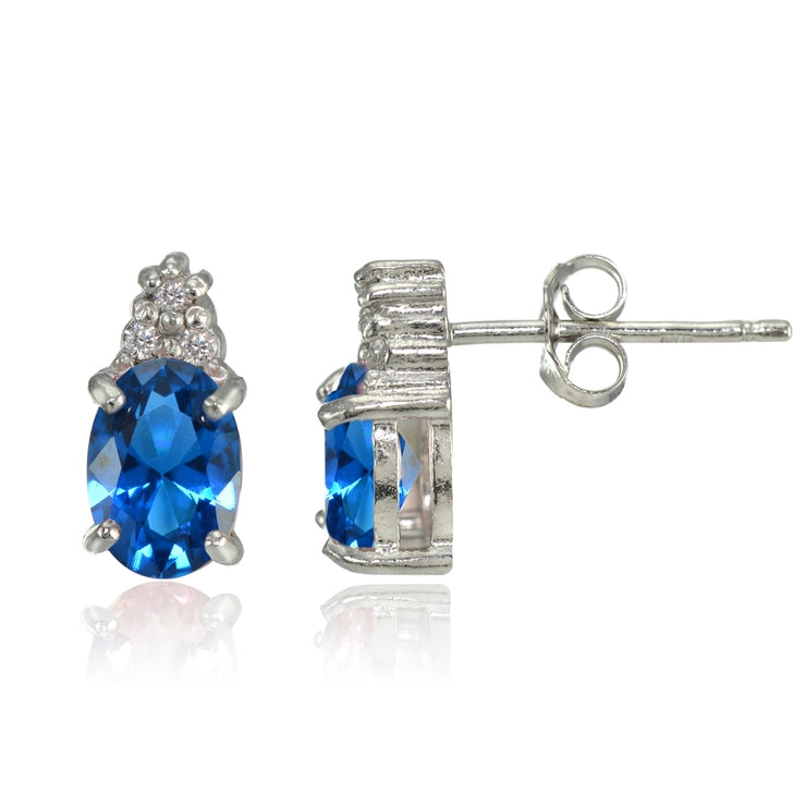 Sterling Silver Created London Blue Topaz and CZ Accent Oval Stud Earrings