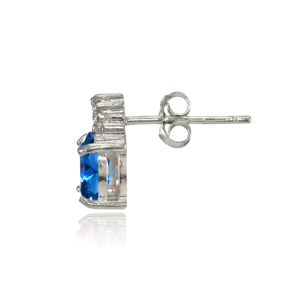 Sterling Silver Created London Blue Topaz and CZ Accent Oval Stud Earrings-2
