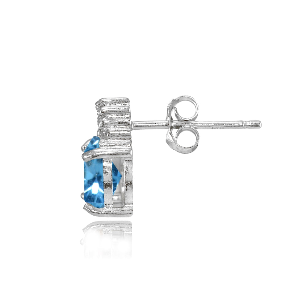 Sterling Silver Created Blue Topaz and CZ Accent Oval Stud Earrings-2