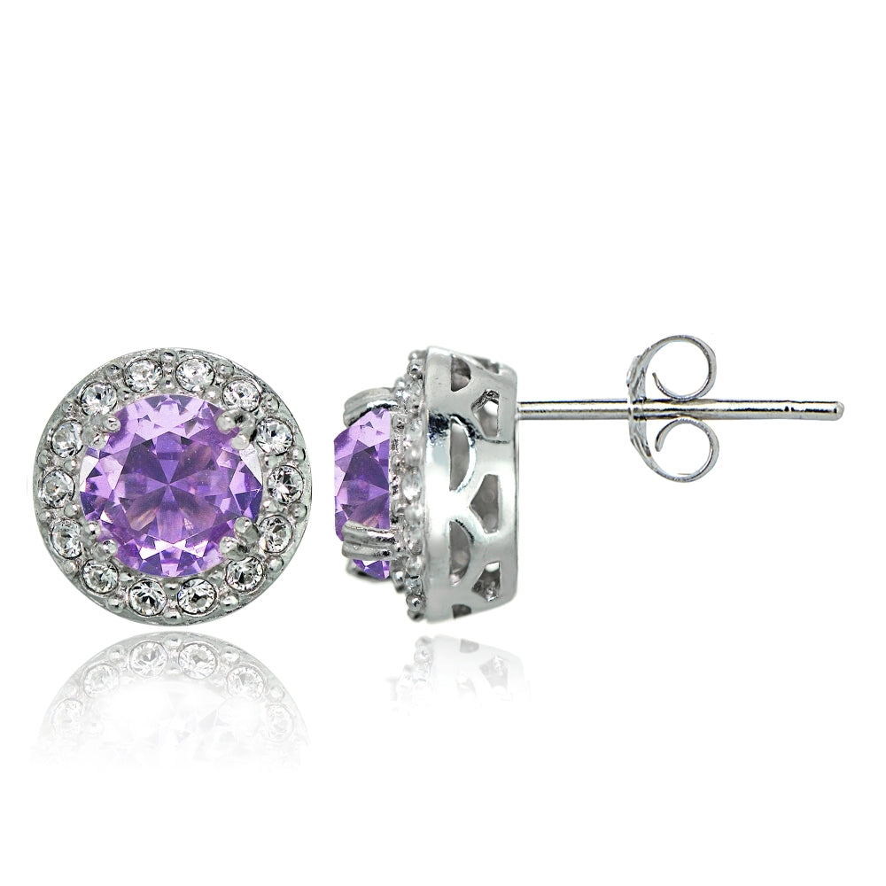 Sterling Silver Created Amethyst and CZ Accents Round Halo Stud Earrings