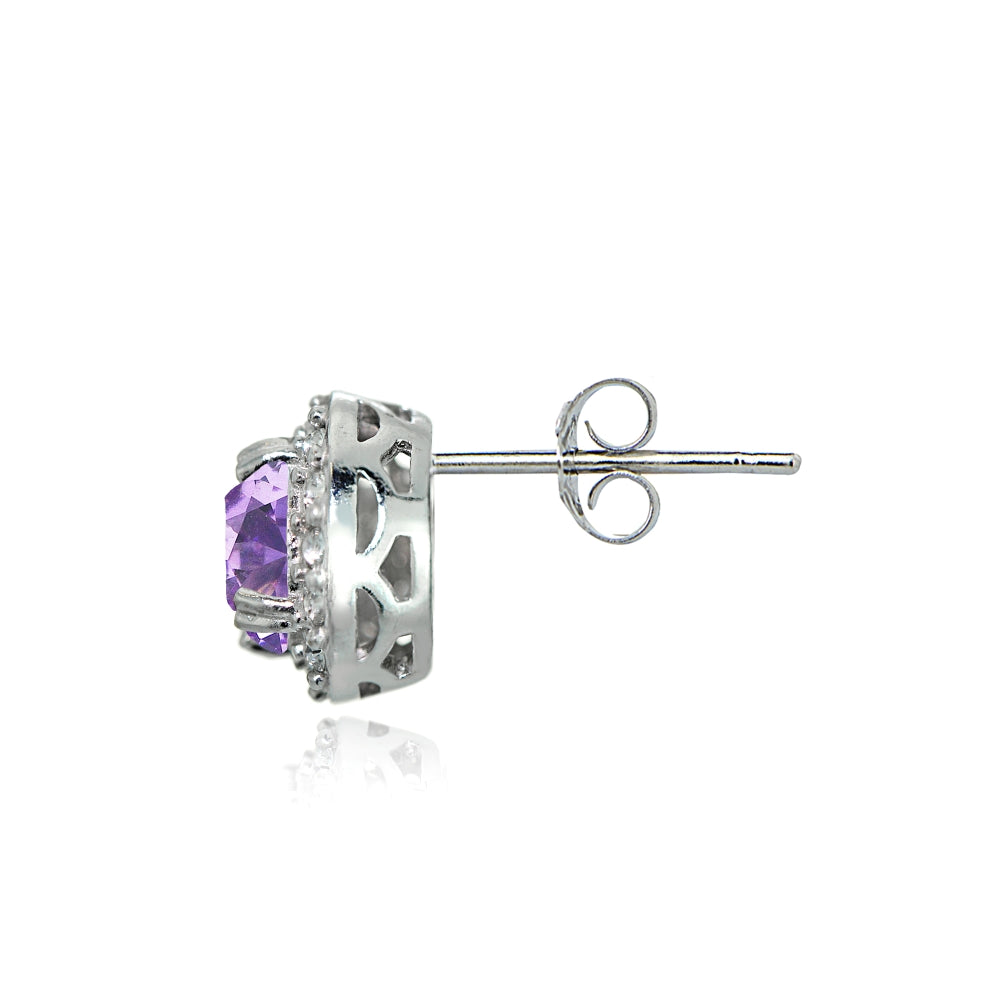 Sterling Silver Created Amethyst and CZ Accents Round Halo Stud Earrings-2