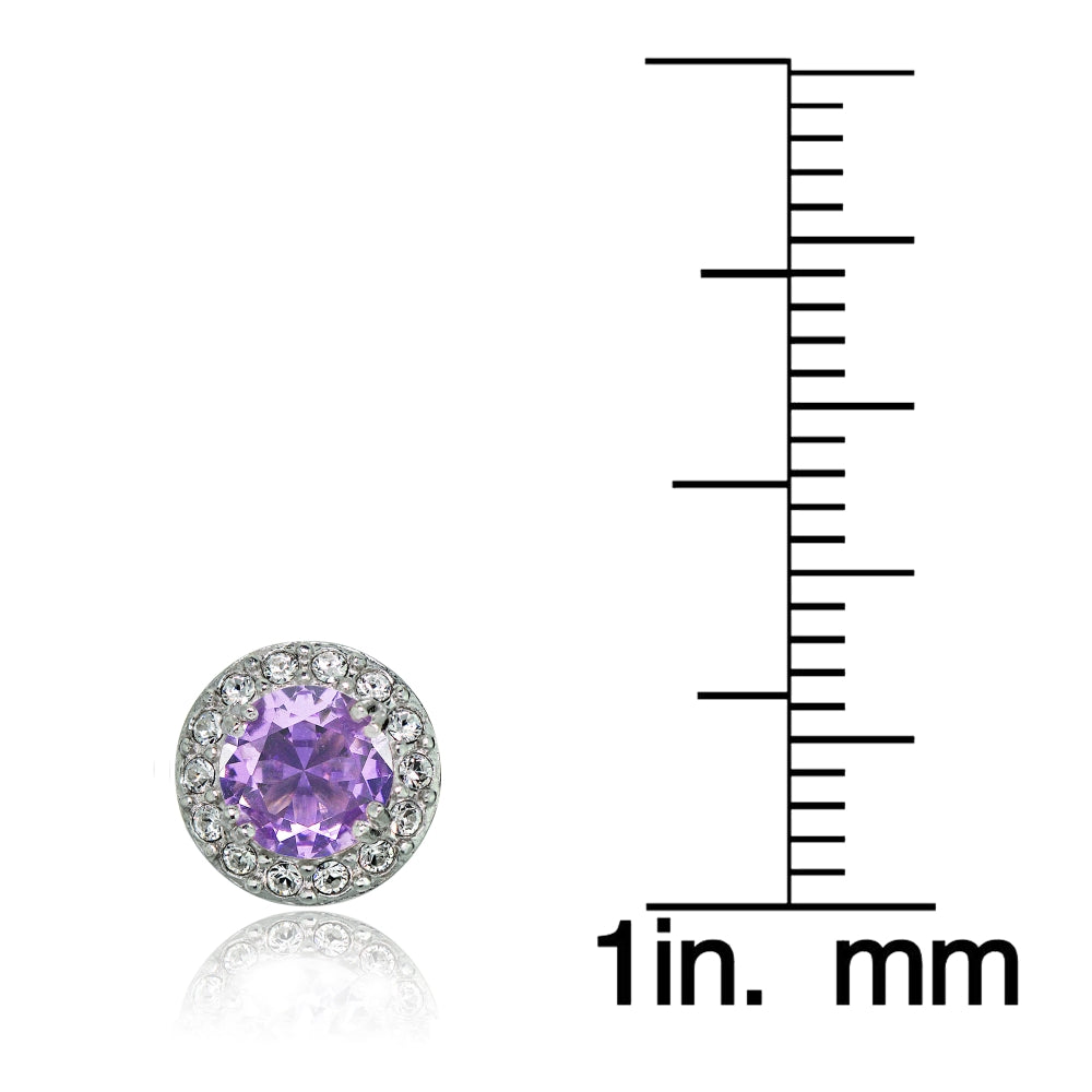Sterling Silver Created Amethyst and CZ Accents Round Halo Stud Earrings-3