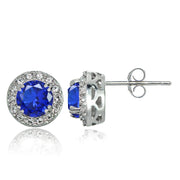 Sterling Silver Created Blue Sapphire and CZ Accents Round Halo Stud Earrings