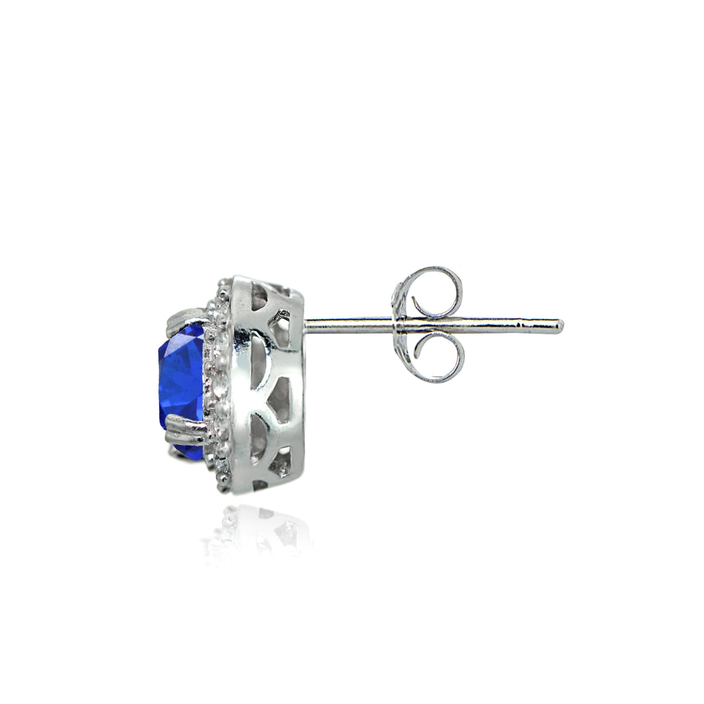 Sterling Silver Created Blue Sapphire and CZ Accents Round Halo Stud Earrings-2